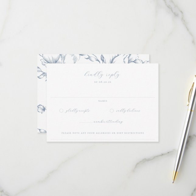 Dusty Blue Garden Floral Wedding RSVP Card (Front/Back In Situ)