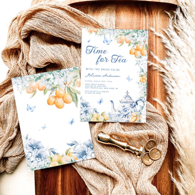 Dusty Blue Garden Tea Party Lemon Bridal Shower Invitation (Creator Uploaded)