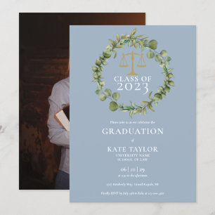 Dusty Blue Garland Photo Law School Graduation Invitation