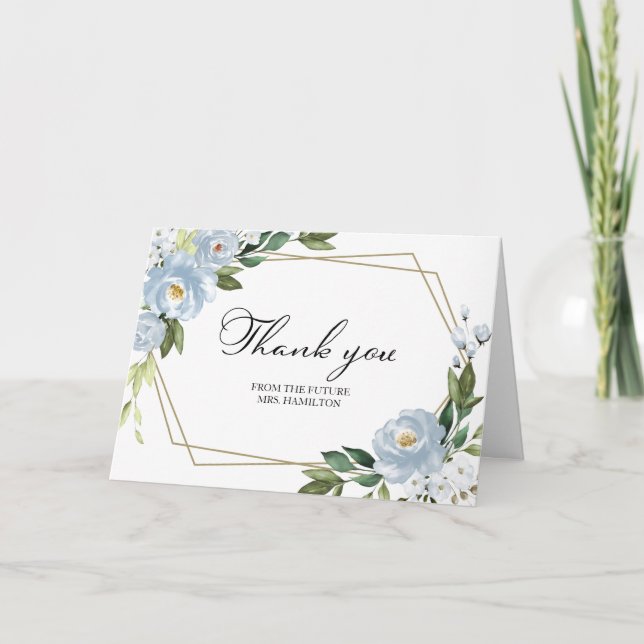Dusty Blue Geometric Bridal Shower Thank You Card (Front)