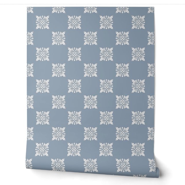 Dusty Blue Geometric Floral Peel and Stick Wallpaper (Unrolling)