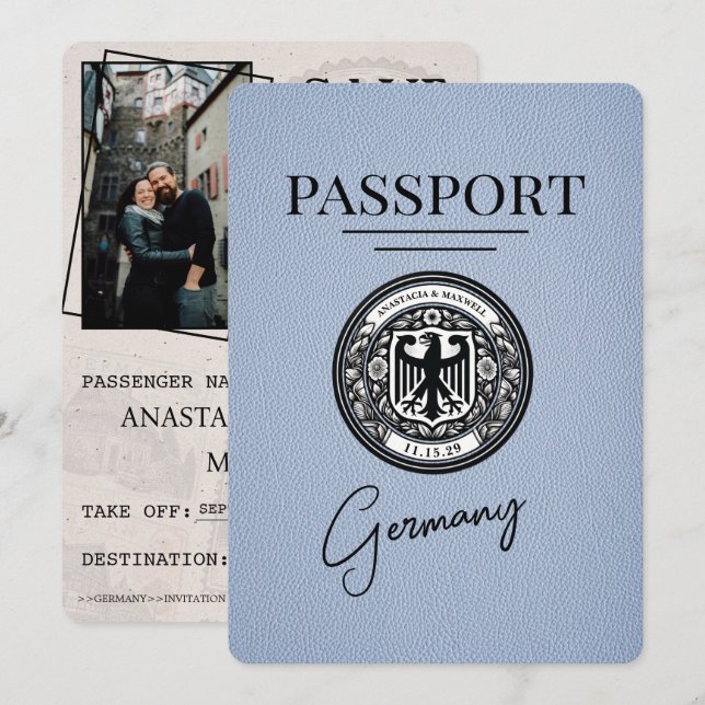 Dusty Blue Germany Passport Save The Date (Front/Back)