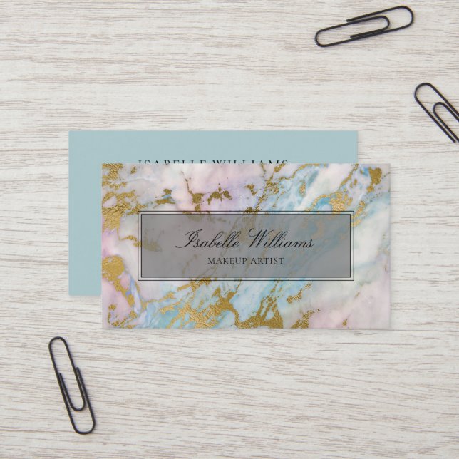 Dusty Blue Gilded Gold Rainbow Marble Agate Business Card (Front/Back In Situ)