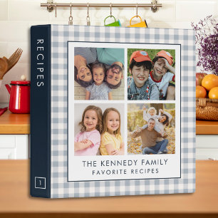 Dusty Blue Gingham 4 Photo Family Recipe Cookbook Binder