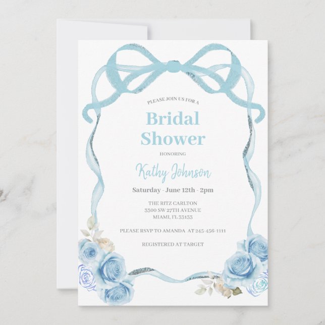 Dusty Blue Gingham Bow Bridal Shower Invitation (Front)