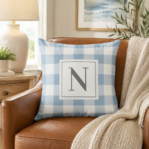 Dusty Blue Gingham Check Monogram Initial Throw Pillow