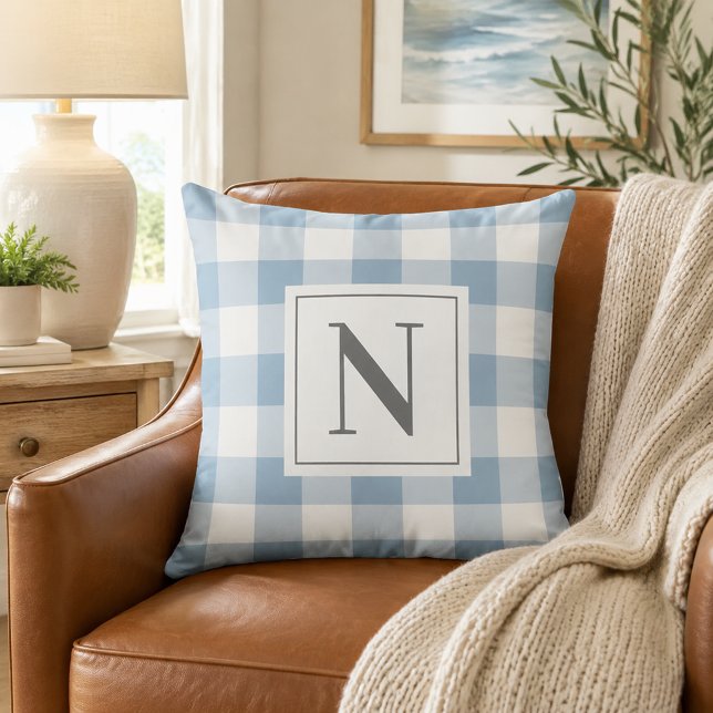 Dusty Blue Gingham Check Monogram Initial Throw Pillow (Creator Uploaded)