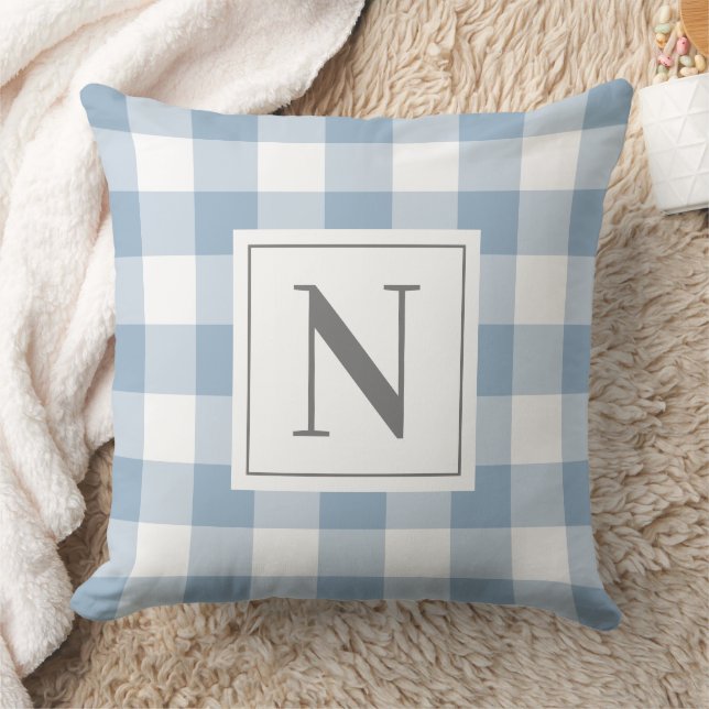 Dusty Blue Gingham Check Monogram Initial Throw Pillow (Blanket)