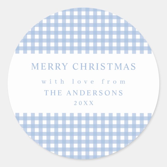 Dusty Blue Gingham Christmas Classic Round Sticker (Front)