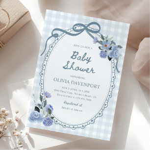 Dusty Blue Gingham Floral Vintage Boy Baby Shower Invitation