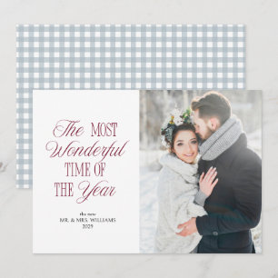 Dusty Blue Gingham Newlywed Christmas Photo Holiday Card