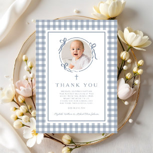 Dusty Blue Gingham Photo Boy Baptism Thank You Card