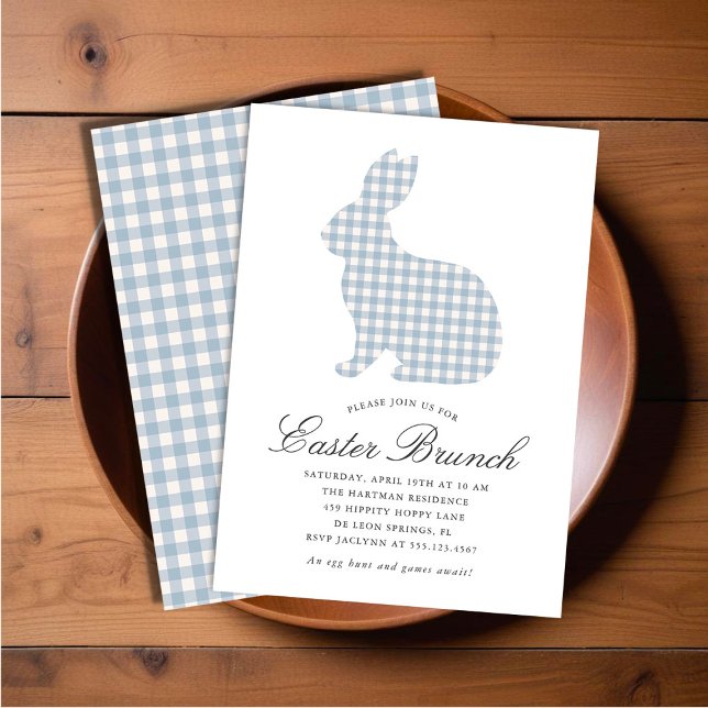 Dusty Blue Gingham Rabbit Easter Brunch Invitation (Creator Uploaded)