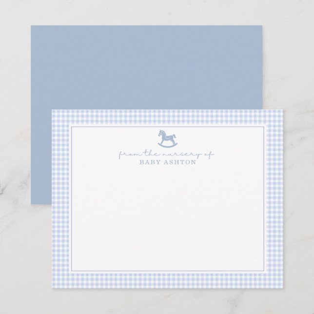 Dusty Blue Gingham Rocking Horse  Boy nursery card (Front/Back)