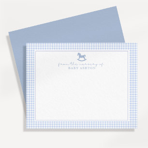 Dusty Blue Gingham Rocking Horse Boy nursery card