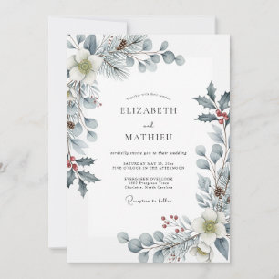 Dusty Blue Glacial Botanical Winter Wedding Invitation