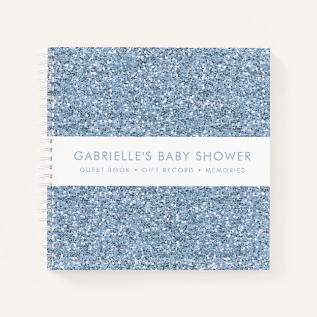 Dusty Blue Glitter Baby Shower Gifts + Guestbook Notebook (Front)