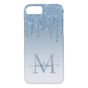 Dusty Blue Glitter Drips Sparkle Monogram Script Case-Mate iPhone Case