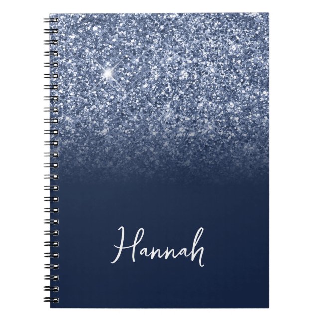 Dusty Blue Glitter Navy Ombre Script Name Notebook (Front)