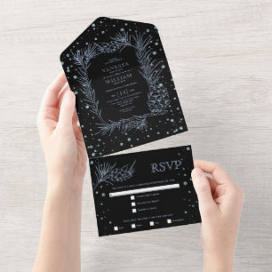 Dusty blue glitter pine, confetti black wedding all in one invitation