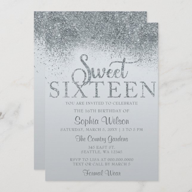 Dusty Blue Glitter Sparkle Sweet 16 Birthday Invitation (Front/Back)