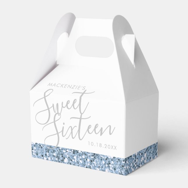 Dusty Blue Glitter Sweet 16 Personalized Favor Box (Front Side)