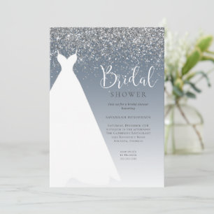 Dusty Blue Glitter Wedding Dress Bridal Shower Invitation