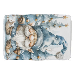 Dusty Blue Gnome and Christmas Trees Bath Mat