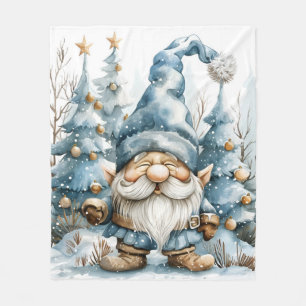 Dusty Blue Gnome and Christmas Trees Fleece Blanket