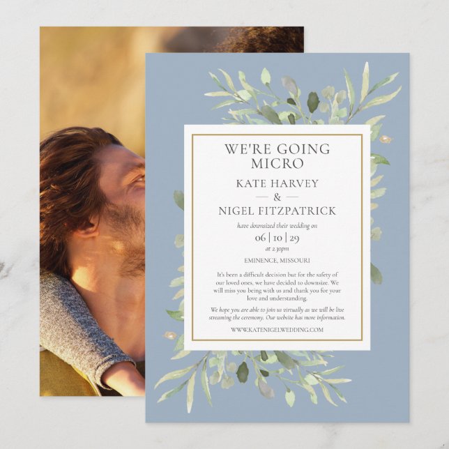 Dusty Blue Going Micro Downsized Photo Wedding Invitation (Front/Back)