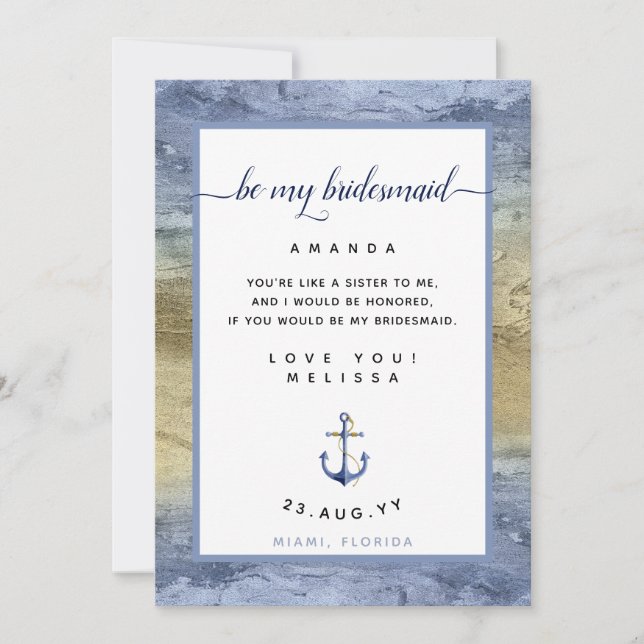 Dusty Blue Gold Bridesmaid Proposal Nautical Card (Front)