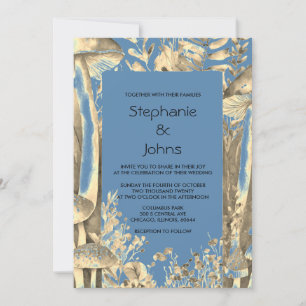Dusty Blue Gold Brown Mushroom Woodland Wedding Invitation