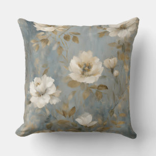 Dusty Blue Gold Cream Vintage Floral Throw Pillow