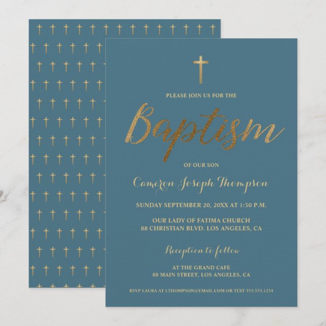 Dusty Blue Gold Cross Custom Baby boy Baptism Invitation (Front/Back)