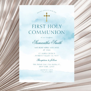 Dusty Blue Gold Cross First Holy Communion Invitation