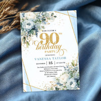 Dusty blue gold elegant florals 90th birthday card