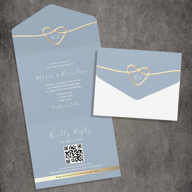 Dusty Blue Gold Faire-part de mariage avec code QR (Créateur téléchargé)