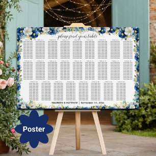 Dusty Blue Gold Floral 26 Tables Wedding Seating  Poster