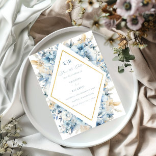 Dusty Blue Gold Floral Bloom all in one Wedding Save The Date