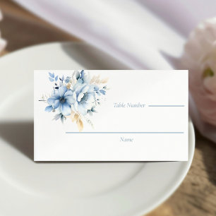 Dusty Blue Gold Floral Bloom Wedding Place Card
