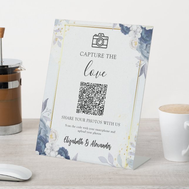 Dusty Blue Gold Floral Capture the Love Wedding Pedestal Sign (In SItu)