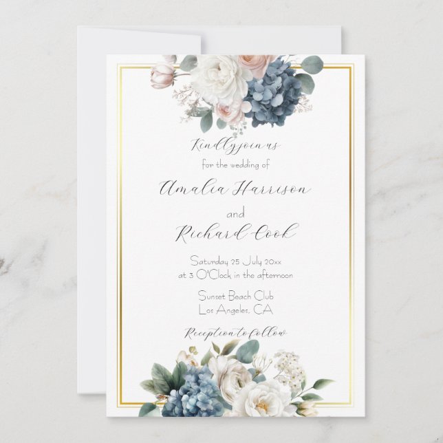 Dusty Blue Gold Floral Customizable Wedding  Invitation (Front)