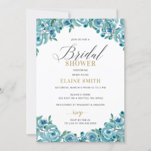Dusty Blue Gold Floral Modern Bridal Shower Invitation