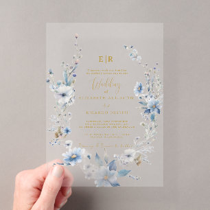 Dusty Blue Gold Floral Spring Bloom Wedding Acrylic Invitations