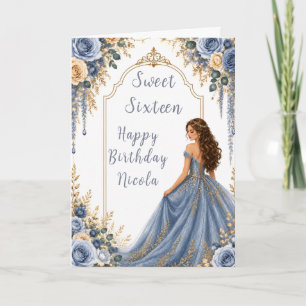Dusty Blue Gold Floral Sweet Sixteen Party Card