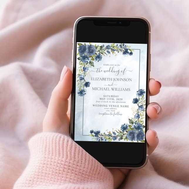 Dusty Blue Gold Floral Watercolor Photo Script Invitation (Creator Uploaded)