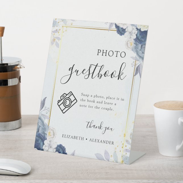 Dusty Blue Gold Floral wedding Photo Guestbook Pedestal Sign (In SItu)