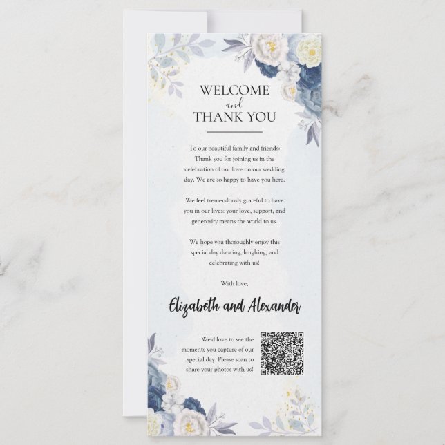 Dusty Blue Gold Floral Wedding Welcome Card (Front)