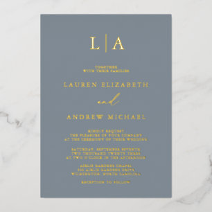 Dusty Blue Gold Foil Monogram Minimalist Wedding