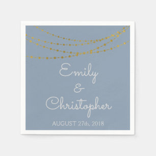 Dusty Blue & Gold Foil String Lights Wedding Napkin